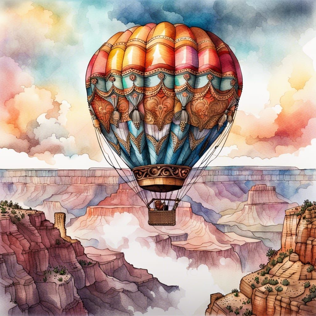 Ornate Hot Air Balloon Over Grand Canyon in Watercolor
