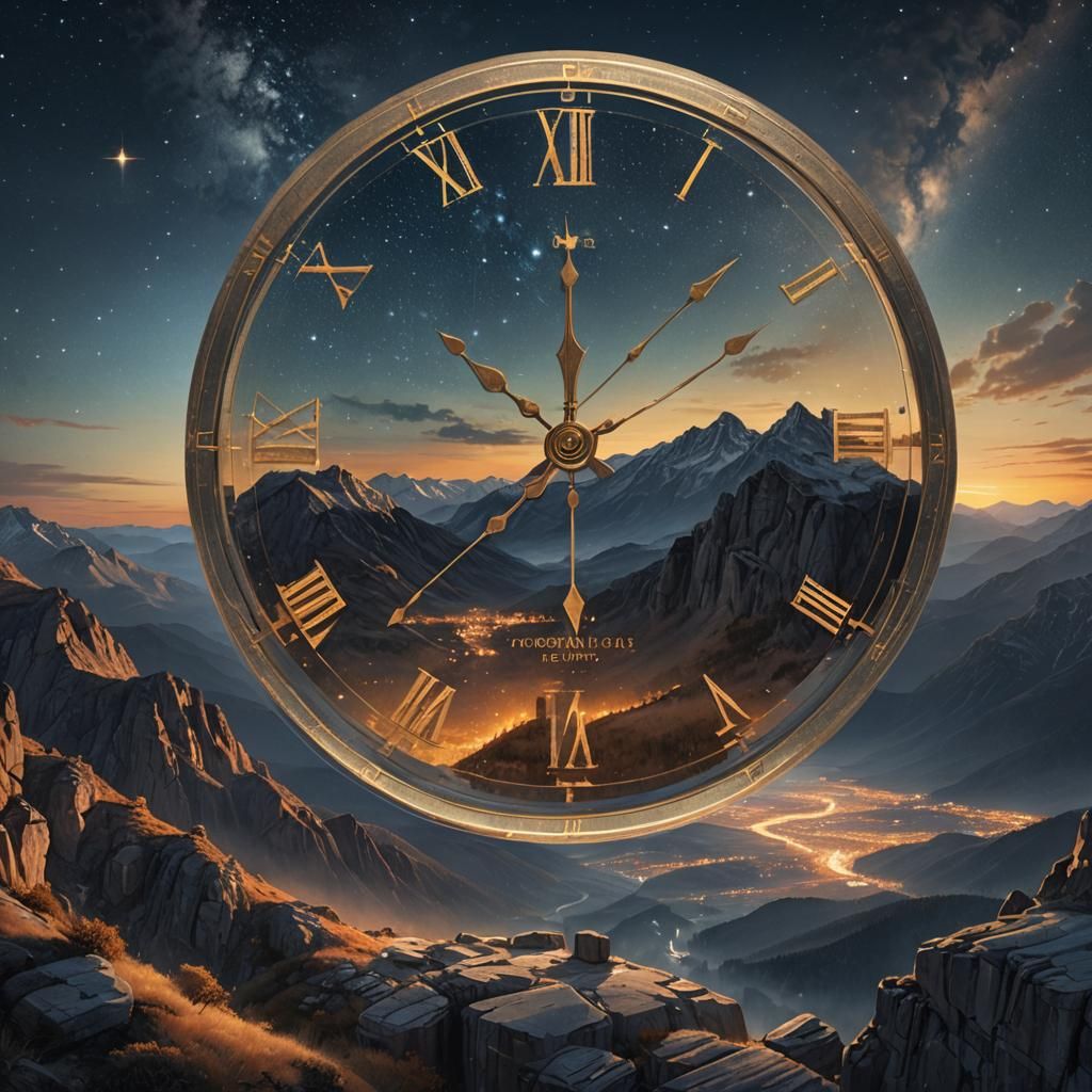 Glowing Clock Over Mountain in Starry Sky