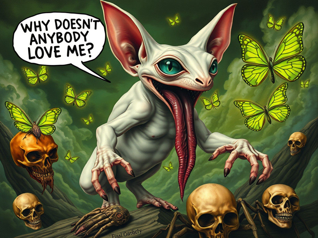 A surreal humanoid half white sphinx cat half albino mega frog, with grossly oversized ears, human hands, cracked rottin...