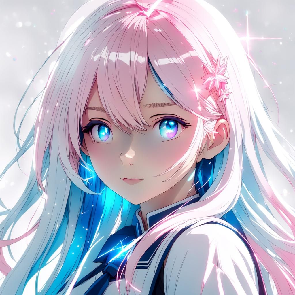 Ethereal Anime Girl with Two-Tone Hair in Line Art