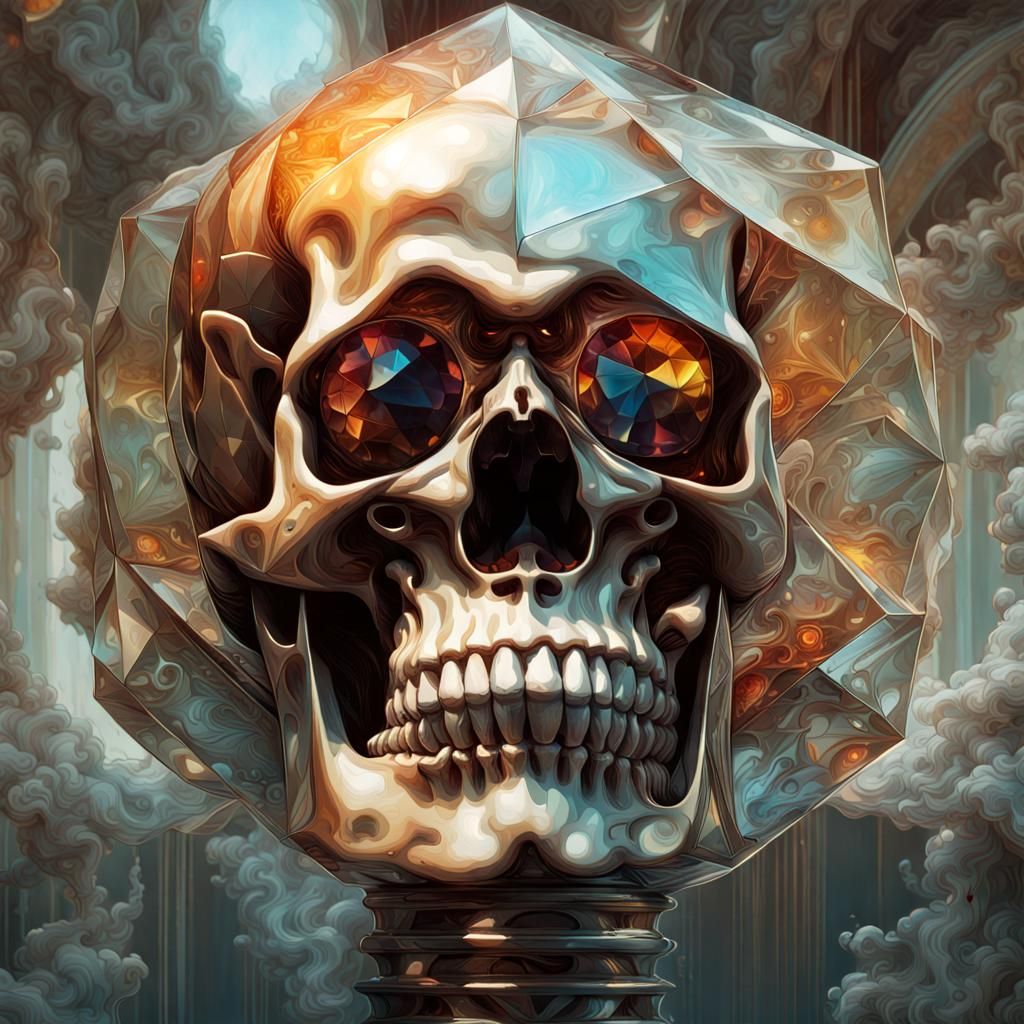 A glass skull with kaleidoscope eyes