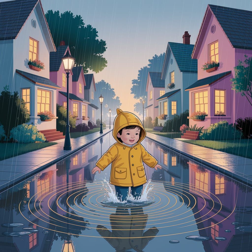 Child Splashing in Puddle: Children's Book Illustration