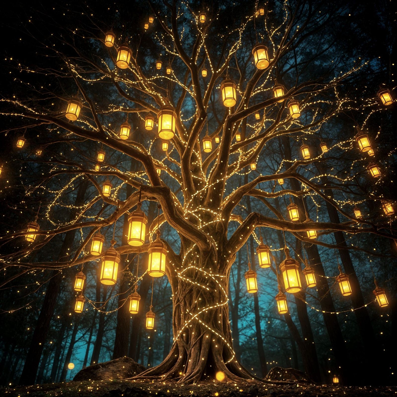 Celestial Lantern Tree in Dreamlike Forest
