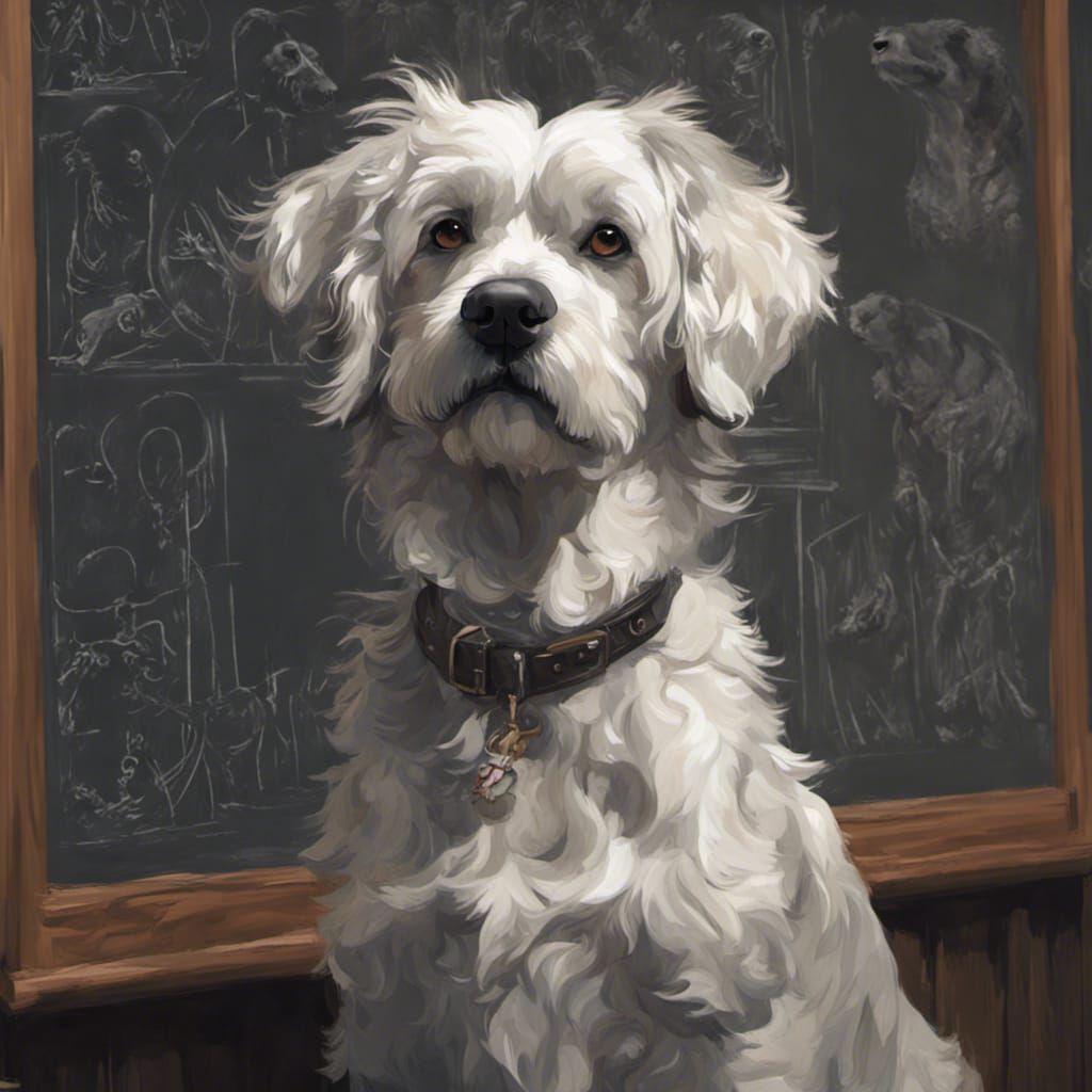 Dog Portrait Beside Chalkboard in Impressionist Style