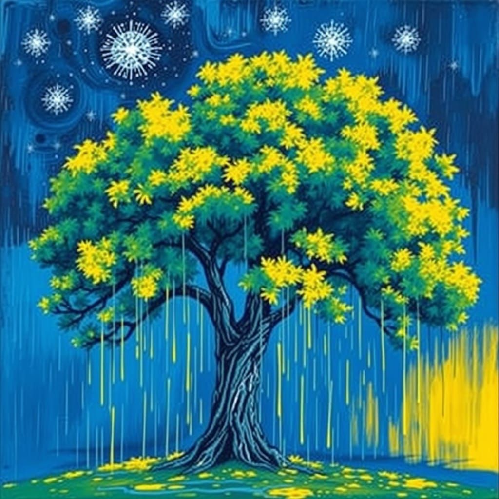 Vibrant Tree in Starry Night Sky with Bold Brushstrokes