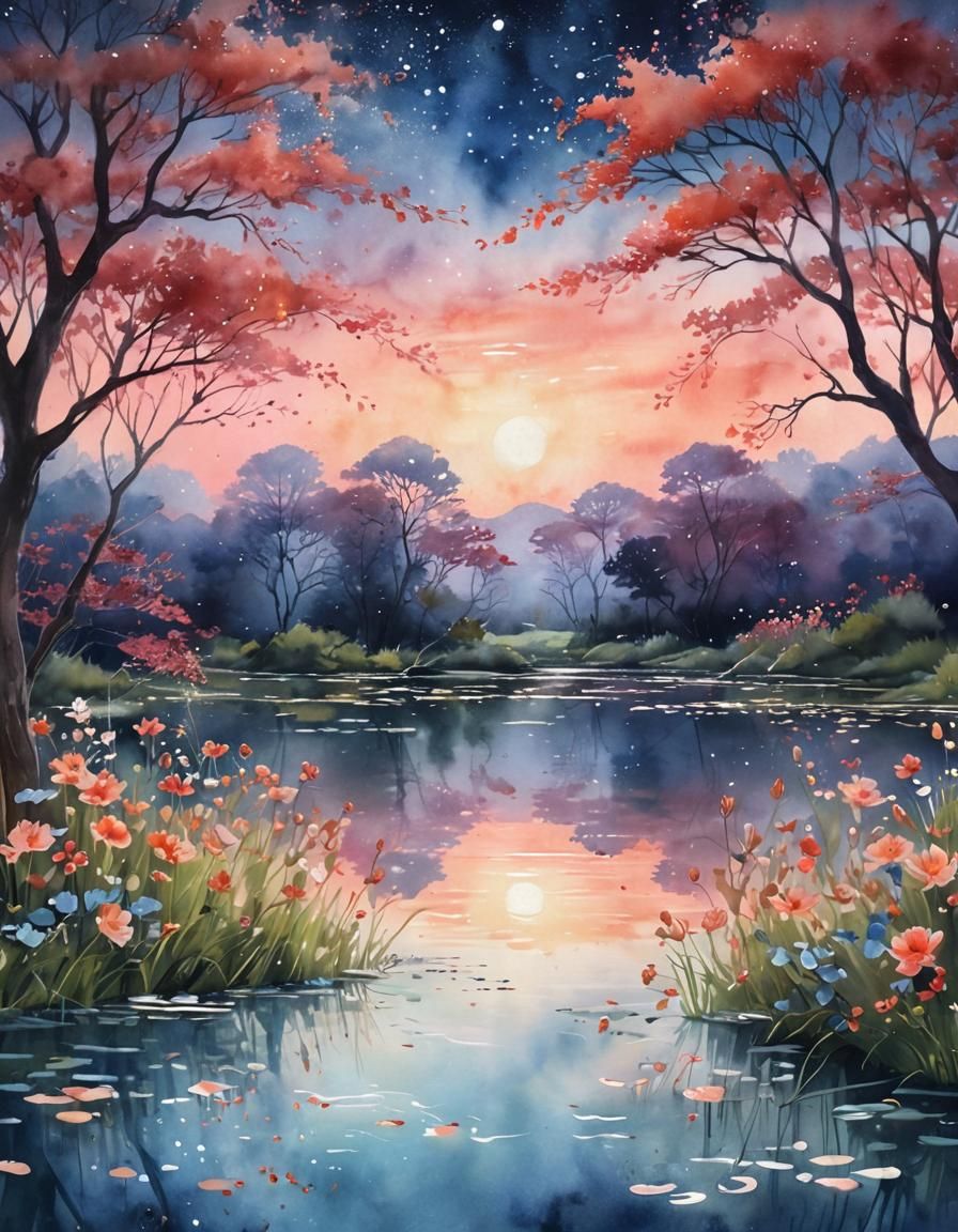 Watercolor Lake Glade with Moonlit Flowers