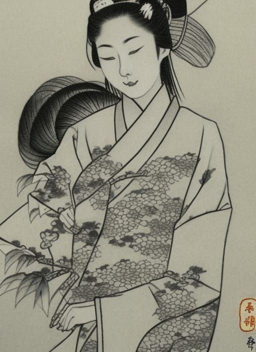 Traditional Japanese Women in Pencil Sketch