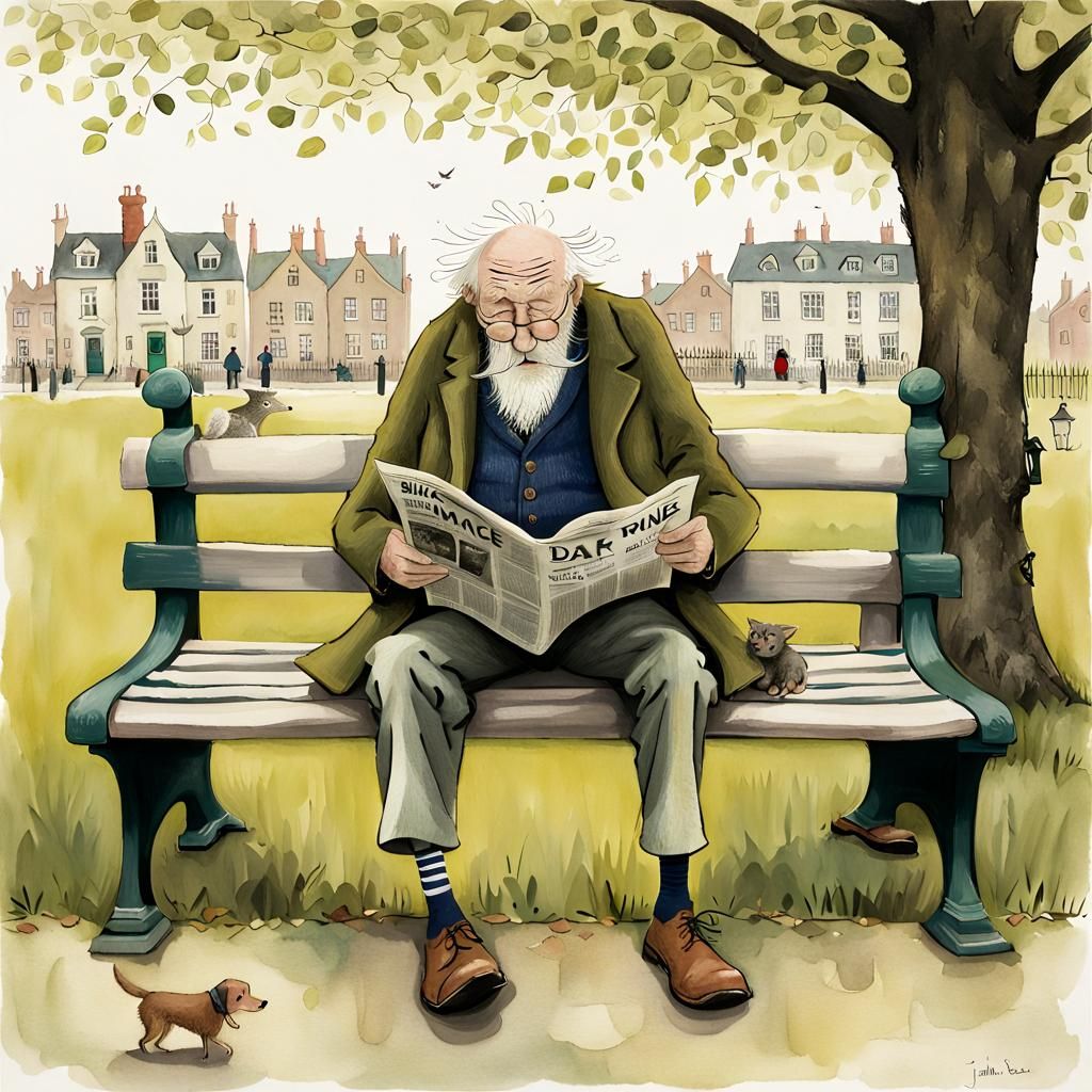 Quirky Old Man and Dog in Whimsical Illustration