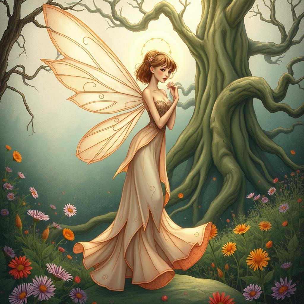 Enchanted Fairy in Whimsical Folklore-Inspired Landscape