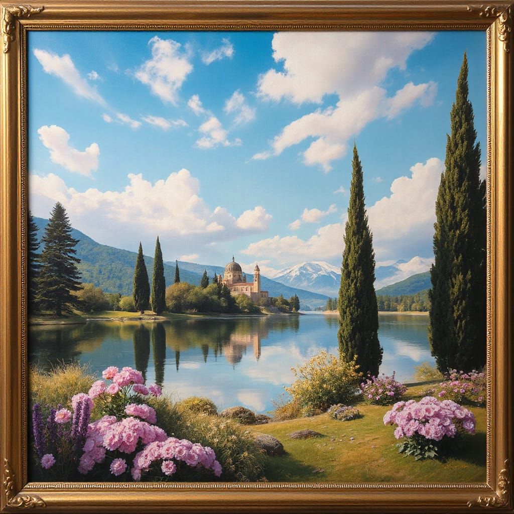 Photorealistic Cypress Landscape in Oil Painting Style