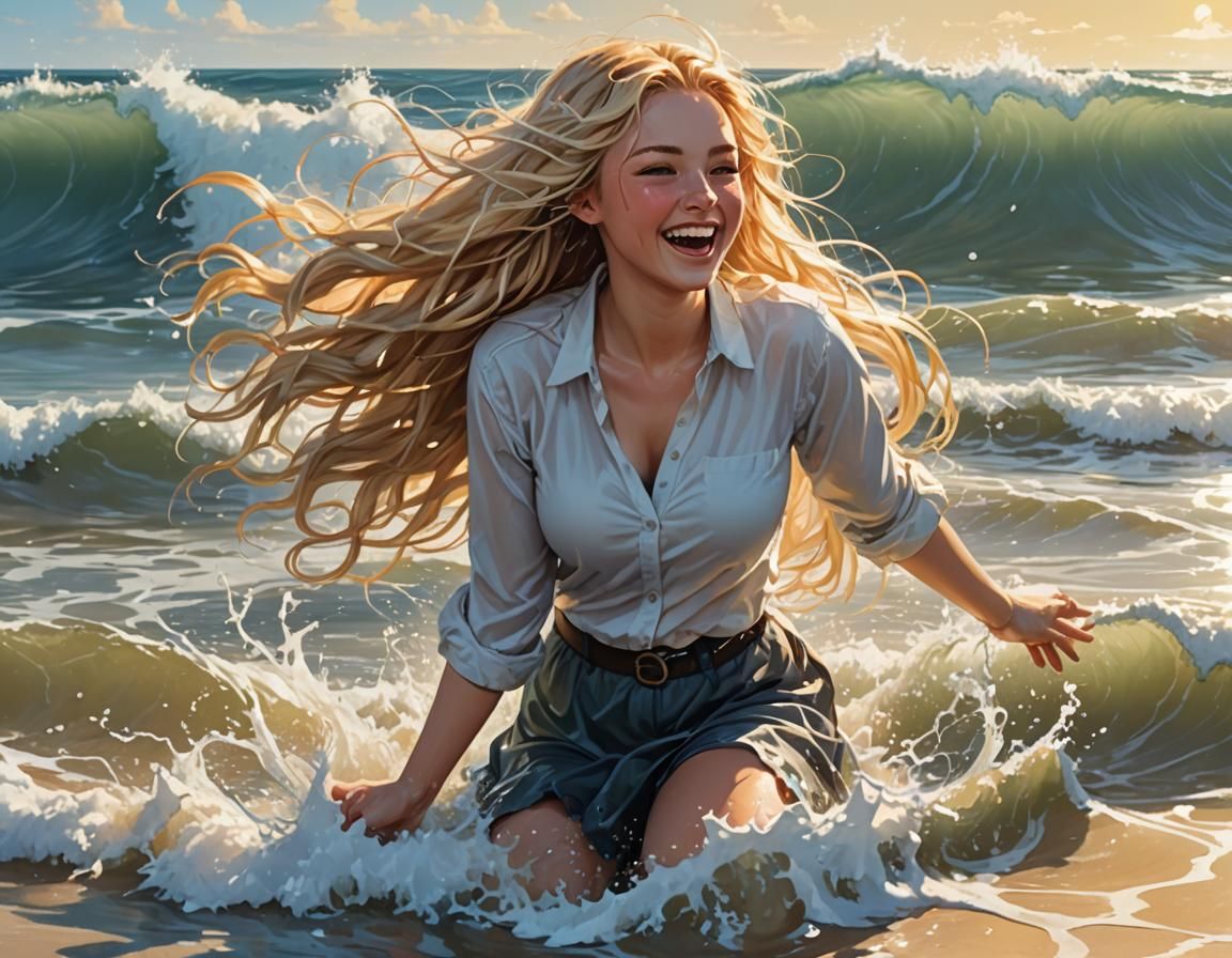 Curvy Woman Washed by Wave in Anime Style