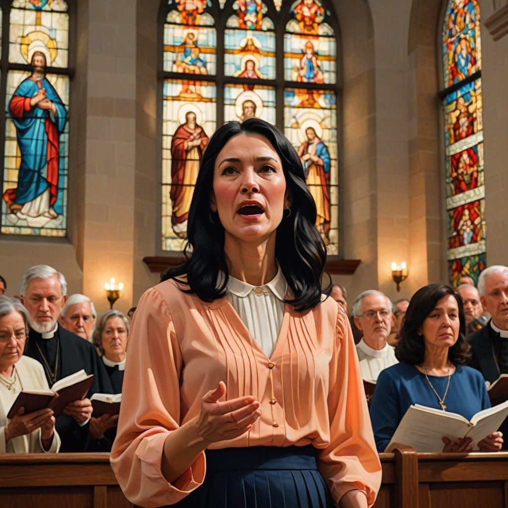 Woman Sings in Catholic Choir at Golden Hour