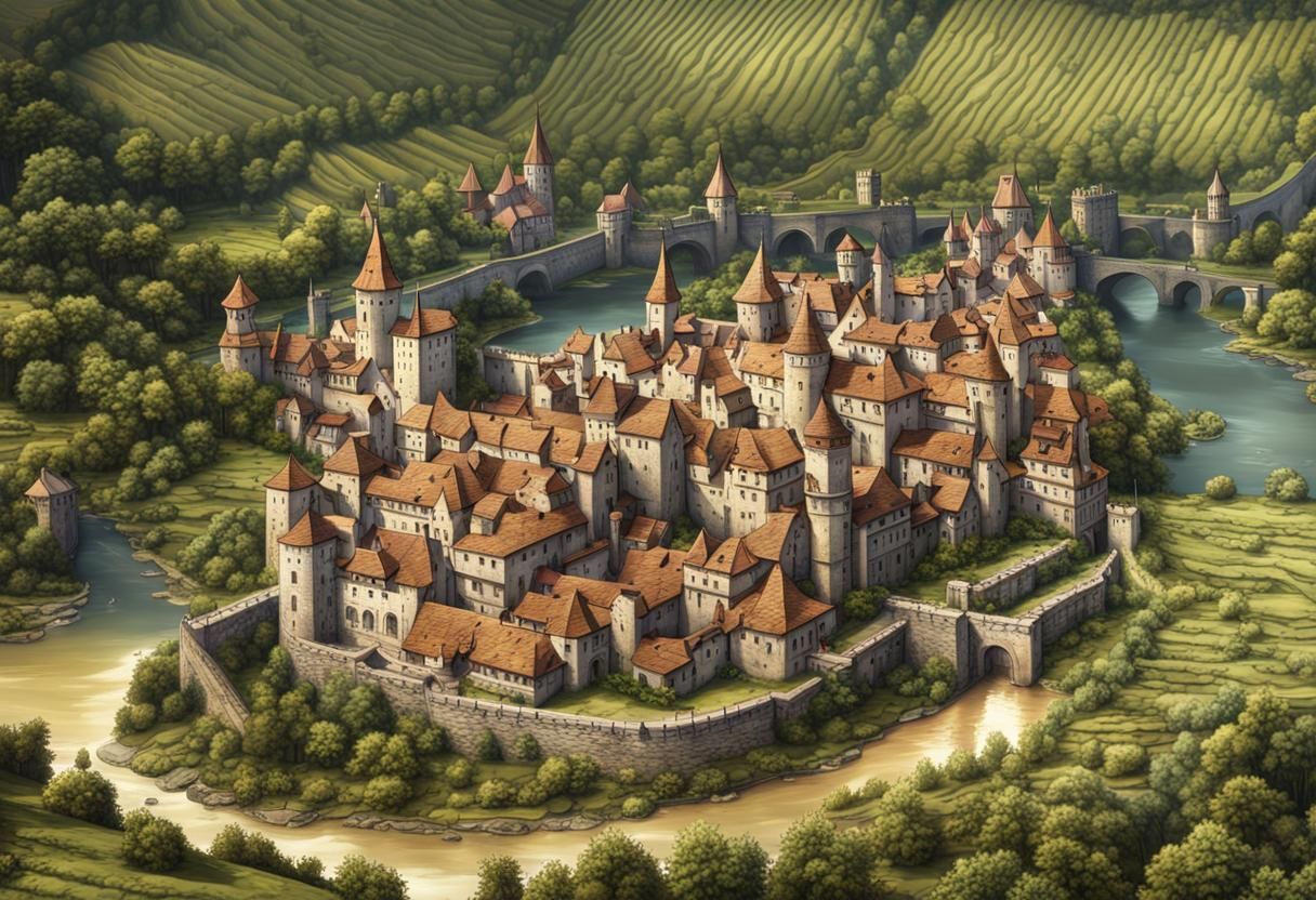 Walled Medieval Town with River and White Banners