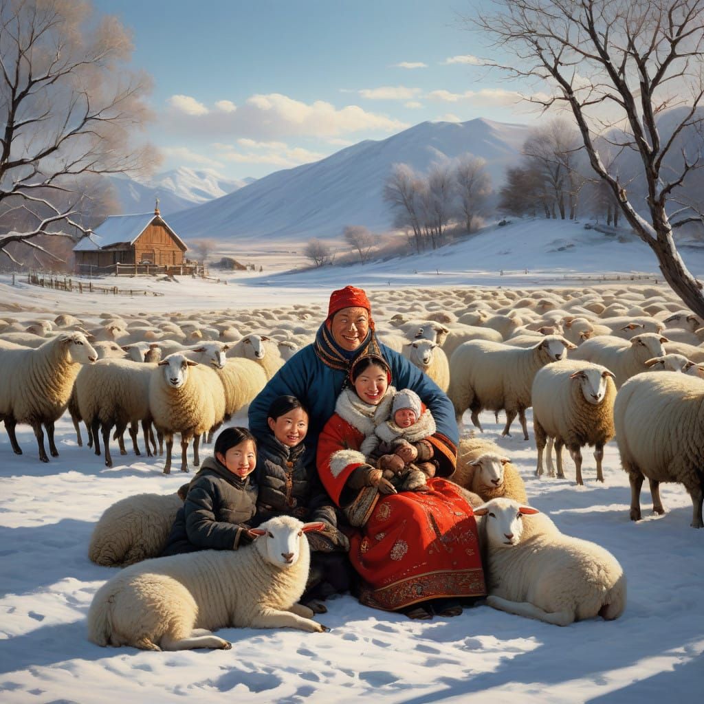Serene Mongolian Family in Winter Landscape