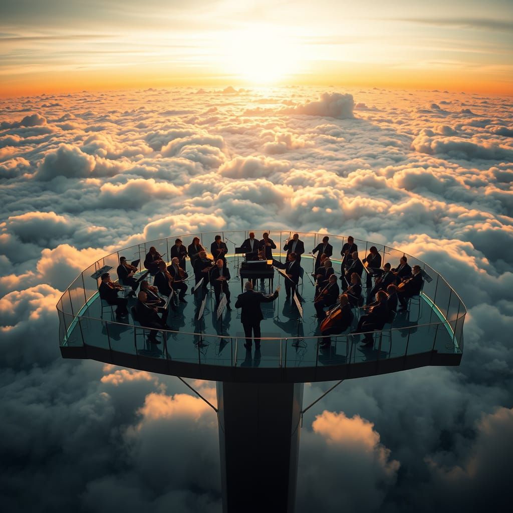 Ethereal Orchestra Performance Above Cloudy Sunrise