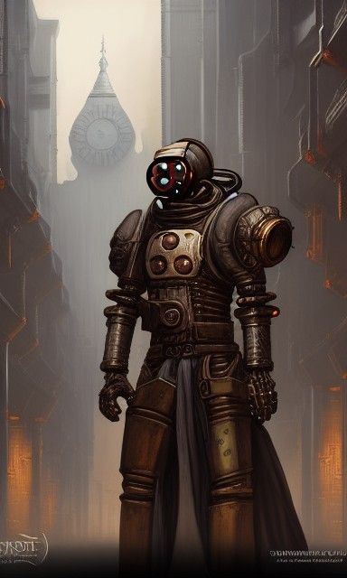 Clockpunk Warforged Portrait in Cyberpunk Cityscape