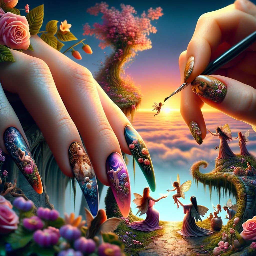 Fantasy Nail Art by Fairies in a Sunset Garden