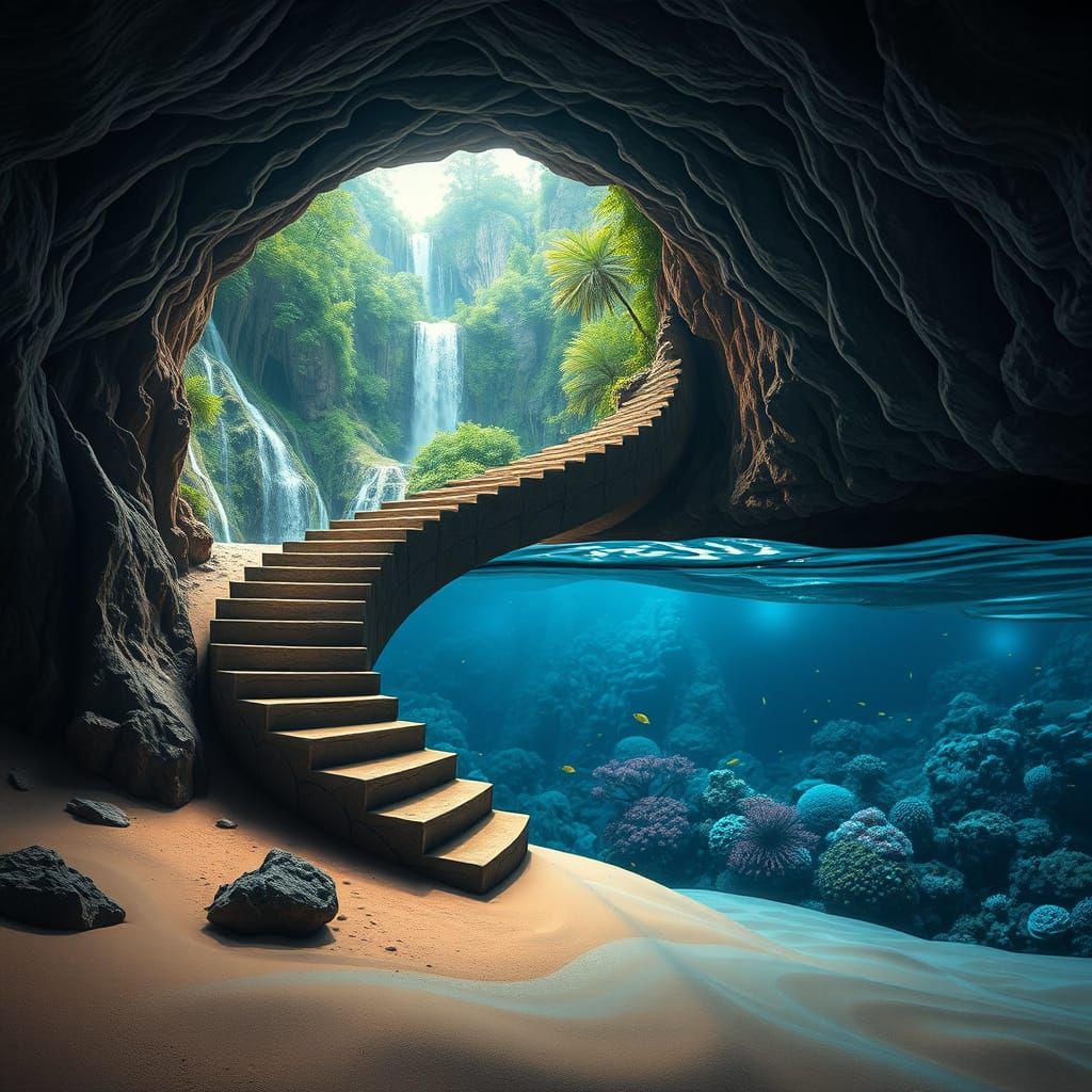 Surreal Yin Yang Staircase Dividing Land and Sea