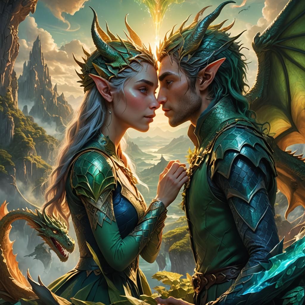 Elves Kissing Surrounded by Dragons in Fantasy Landscape