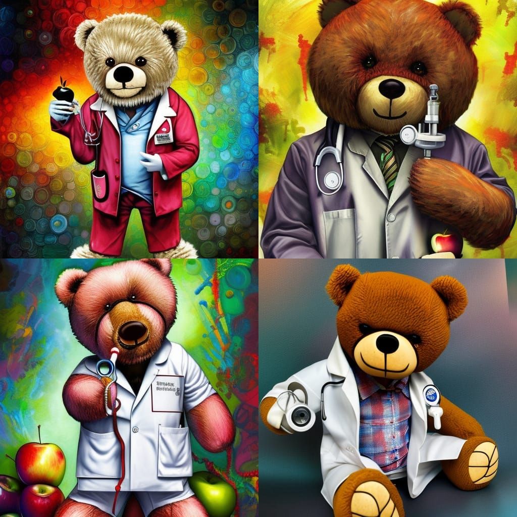 Teddy Bear Doctor Operating on Apple, Digital Art