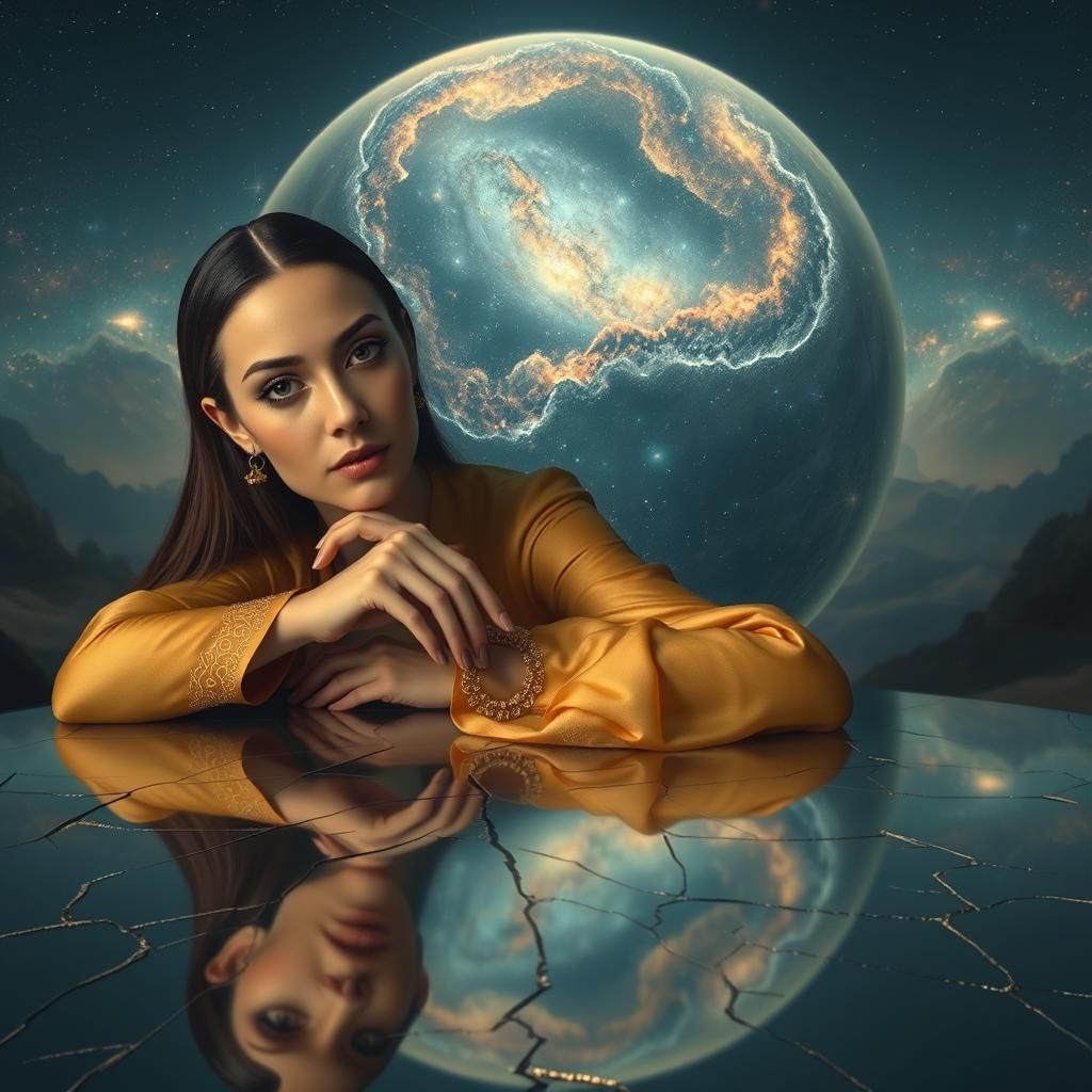 A surreal scene, a female laying with their chin resting on ...