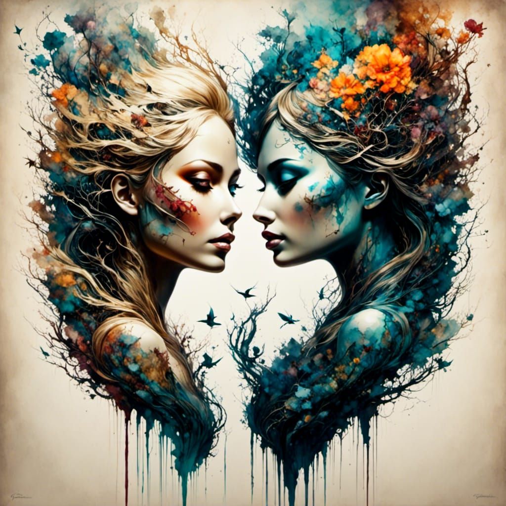 Cosmic Double Exposure Ink Art of Two Women