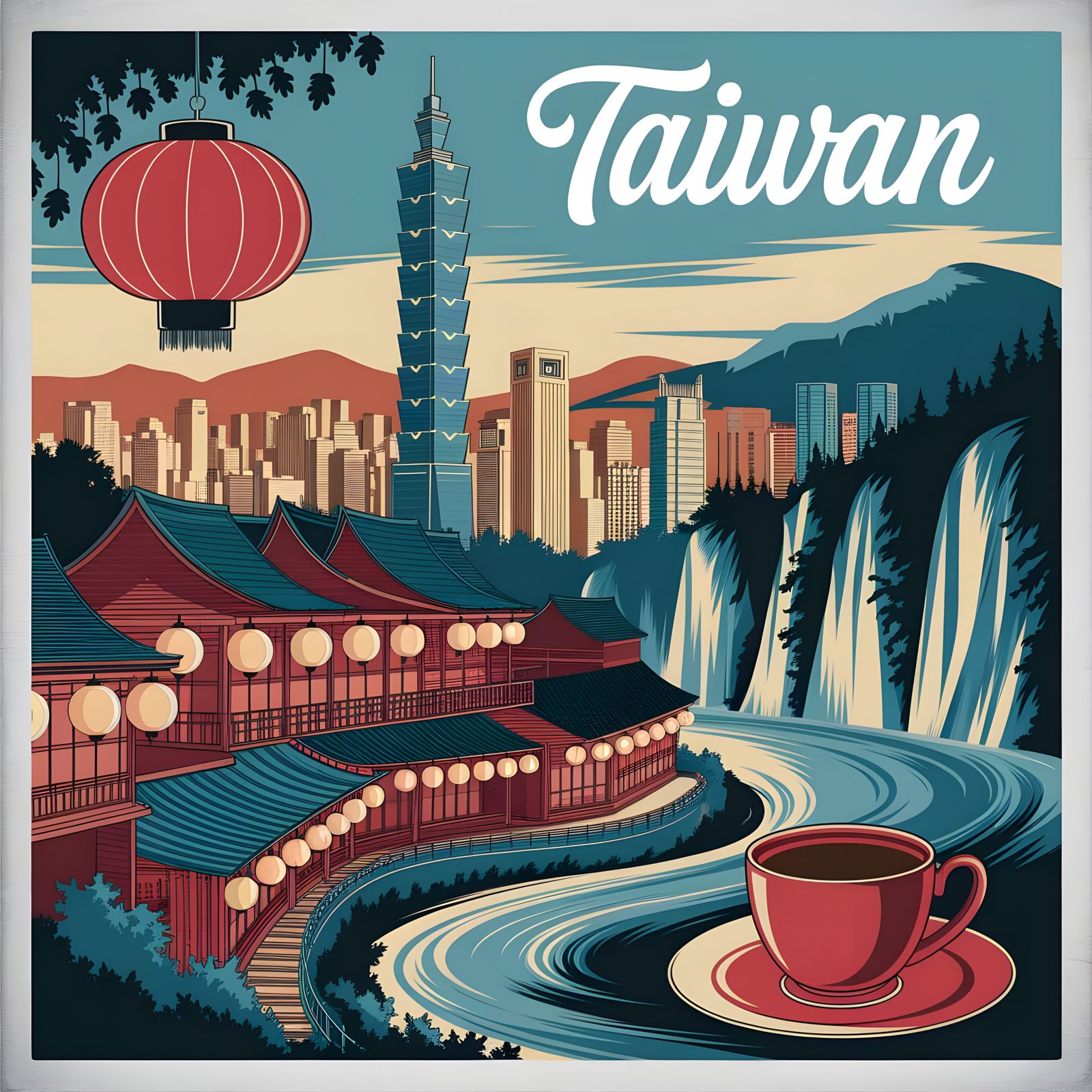 Taiwan Travel Poster with Taipei 101 and Jiufen