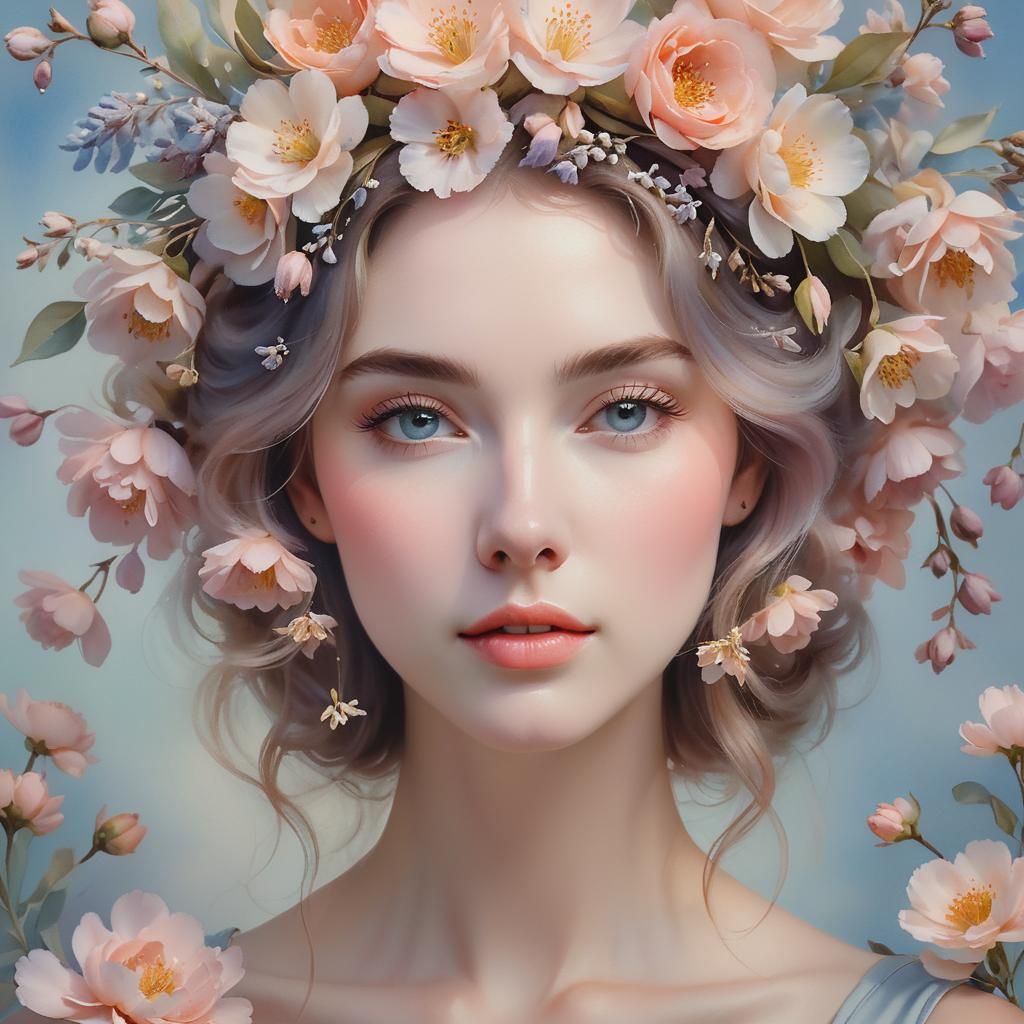 Ethereal Woman with Flowers: Watercolor Impression