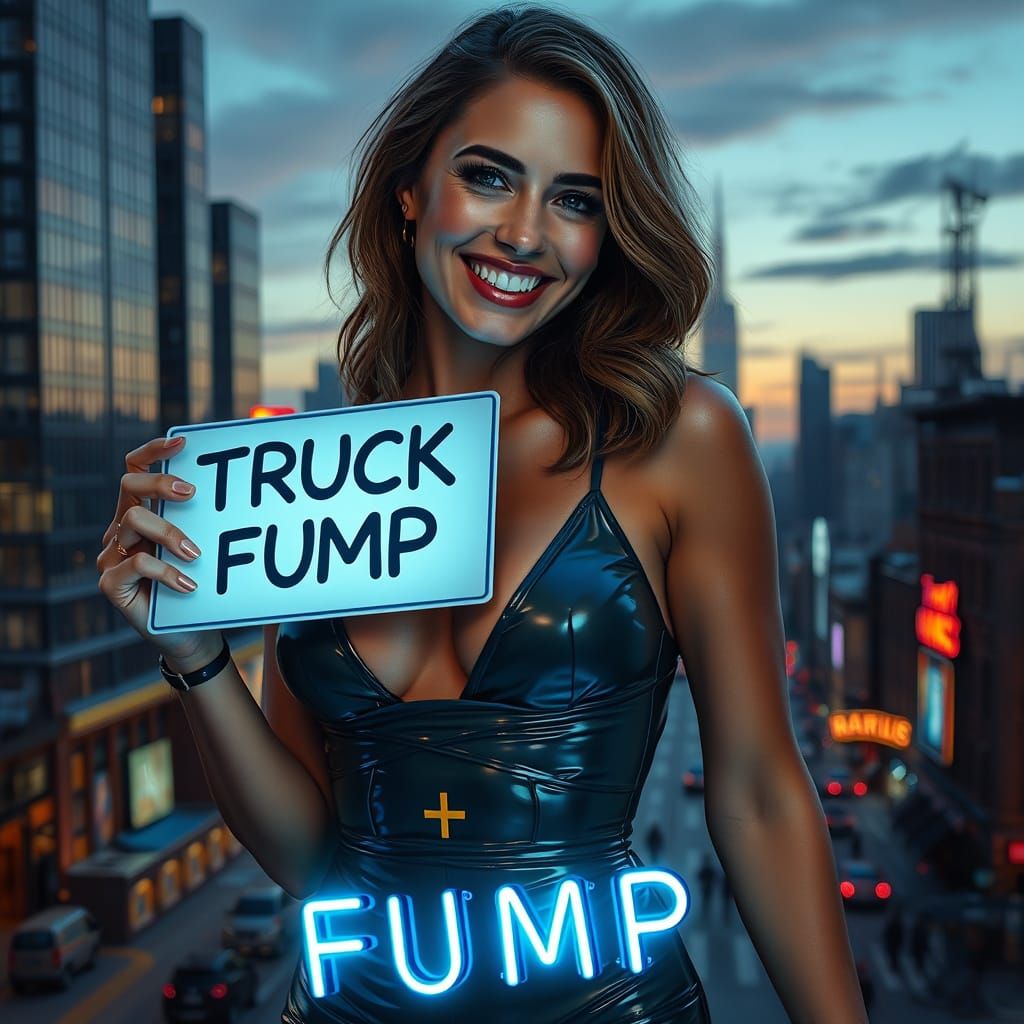 Woman in Latex Dress Holding Sign in Cityscape
