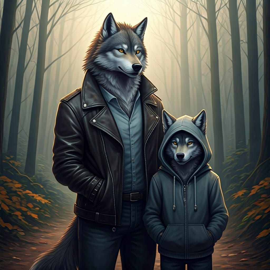 Anthro Werewolf Father and Son in Misty Forest