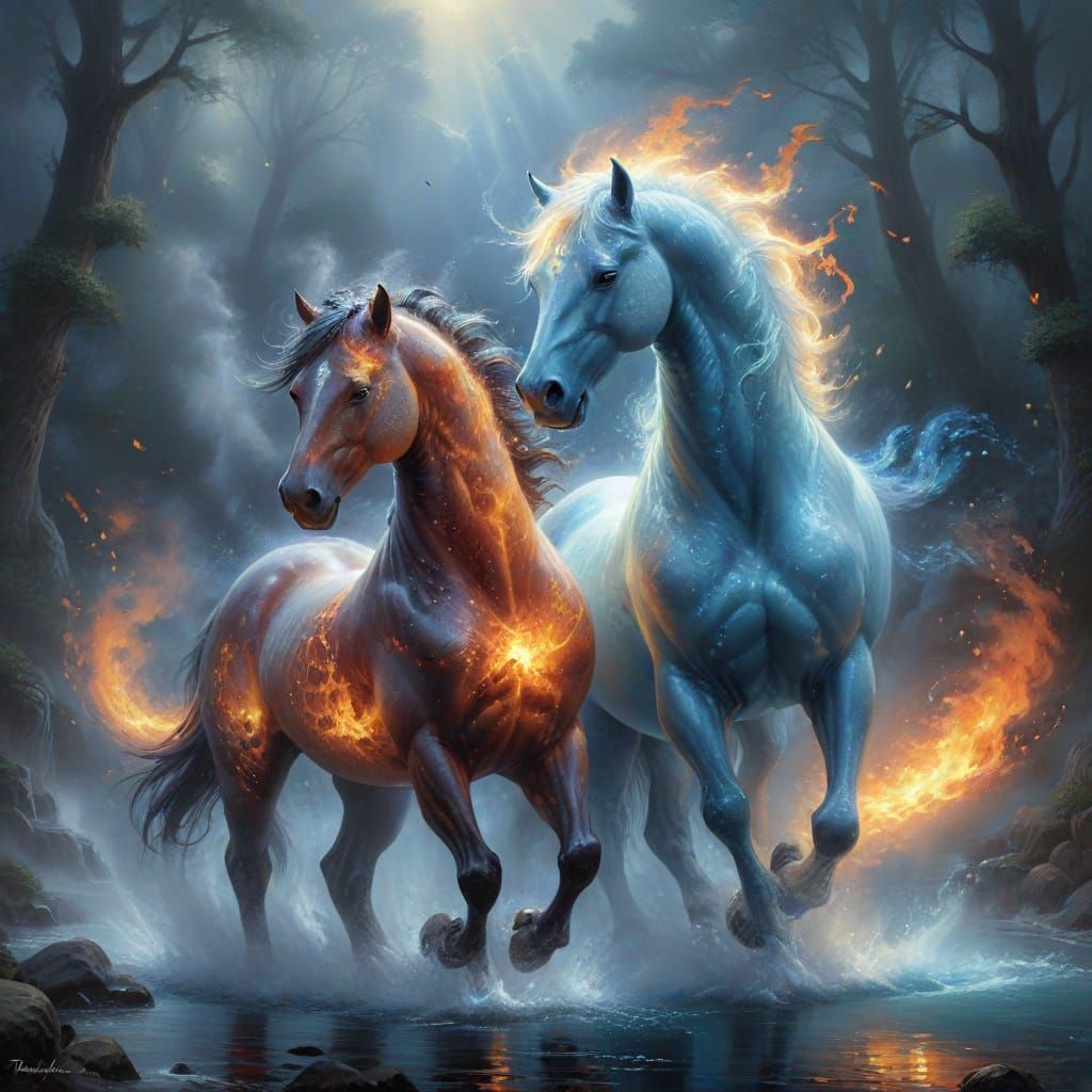 Ethereal Yin Yang Horses in Fantasy Landscape