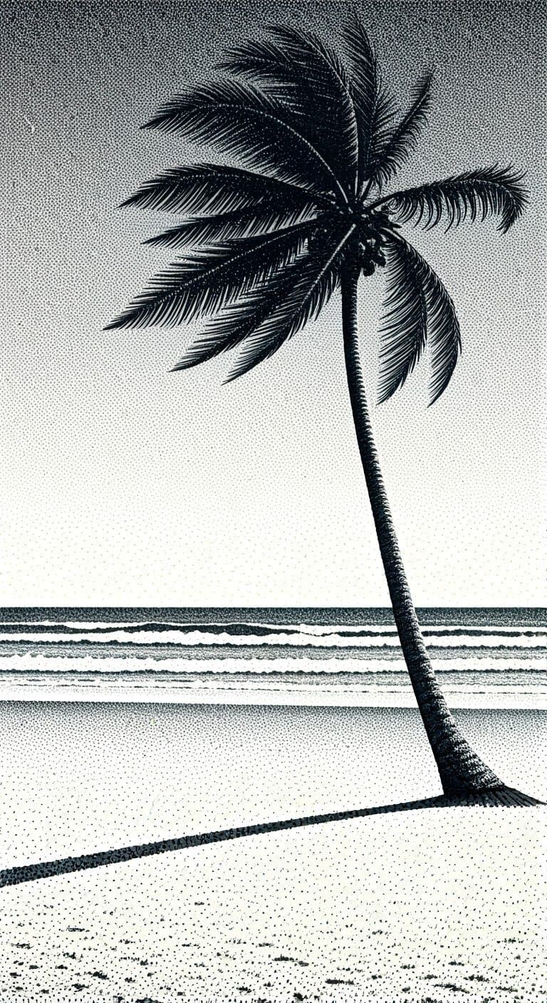 Pointillist Coconut Tree Swaying on Beach