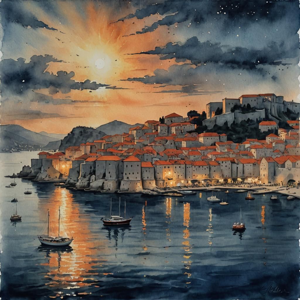 Dubrovnik Sunset: Dalmatian Port in Chiaroscuro Style