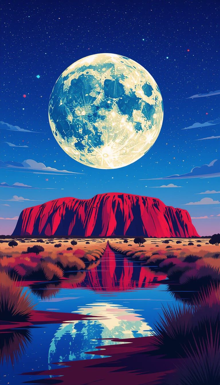 Ayers Rock at Night with Iridescent Moonlight and Splash Art...