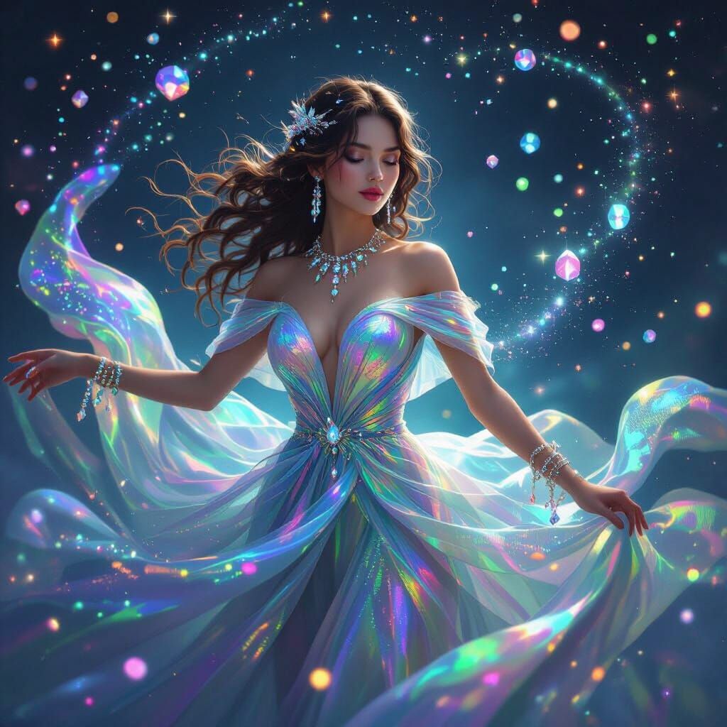 Ethereal Woman in Iridescent Gown with Stardust