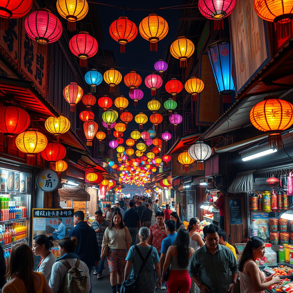 Vibrant Night Market Scene in Surreal Digital Art Style