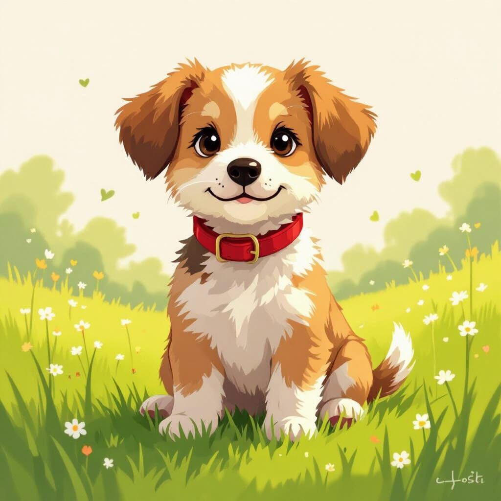 Puppy in Meadow, Beatrix Potter Style Illustration
