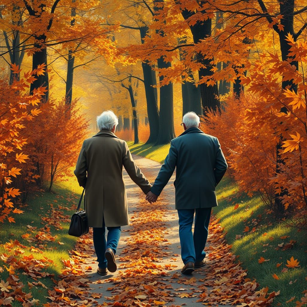 Old Couple in Autumnal Landscape, Impressionistic Style