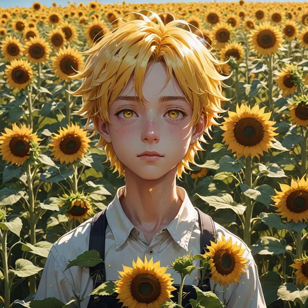 Anime Boy Smelling Sunflower in Sunny Field