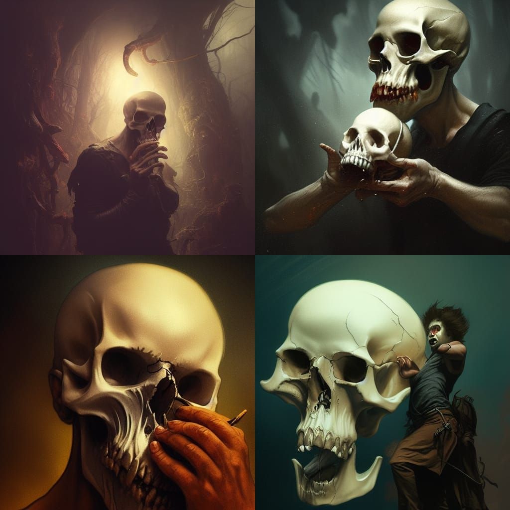 Man Licking Skull in Dark Fantasy Style