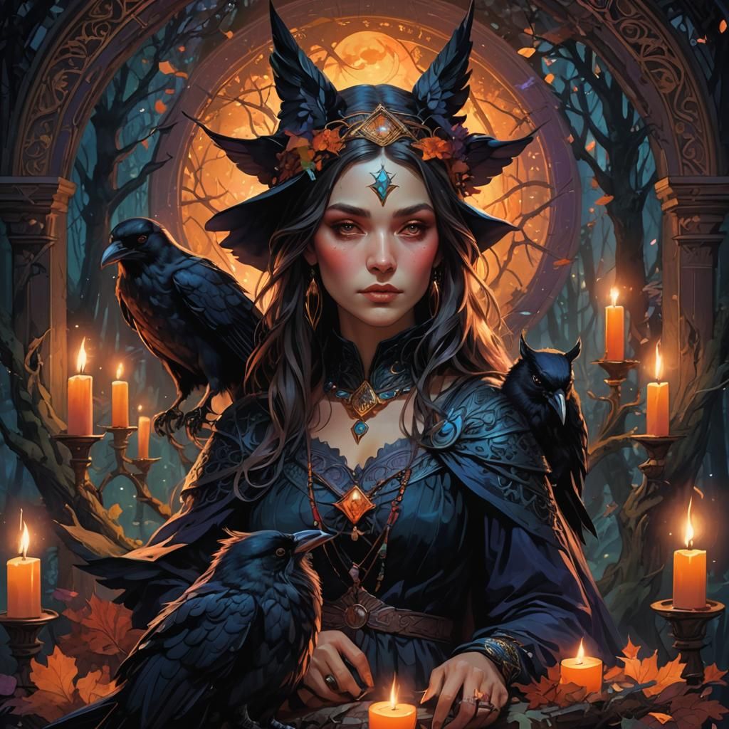 Mystical Witch and Raven Portrait in Digital Art Style