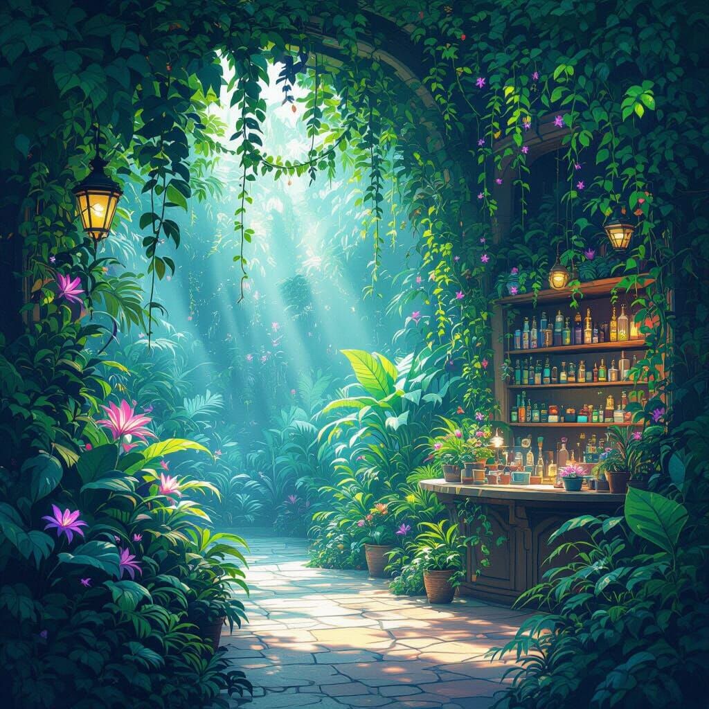 Enchanted Jungle Plant Shop with Bioluminescent Flora