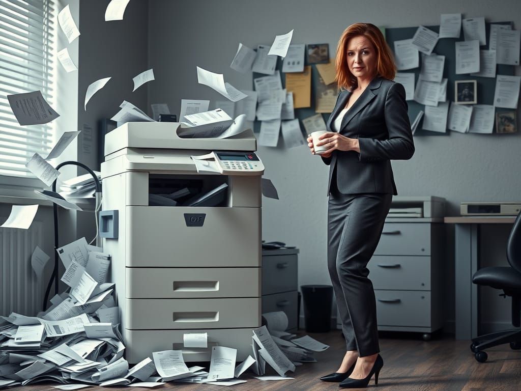 Frustrated Woman with Coffee Next to Broken Copier