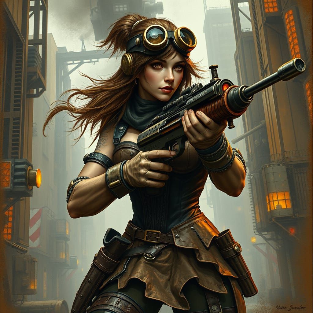 Steampunk Warrior in Industrial Cityscape, Mixed Media Art