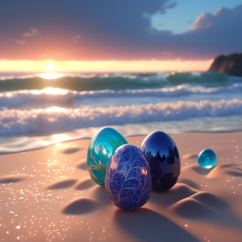 Metallic Marble Eggs on Beach at Sunset