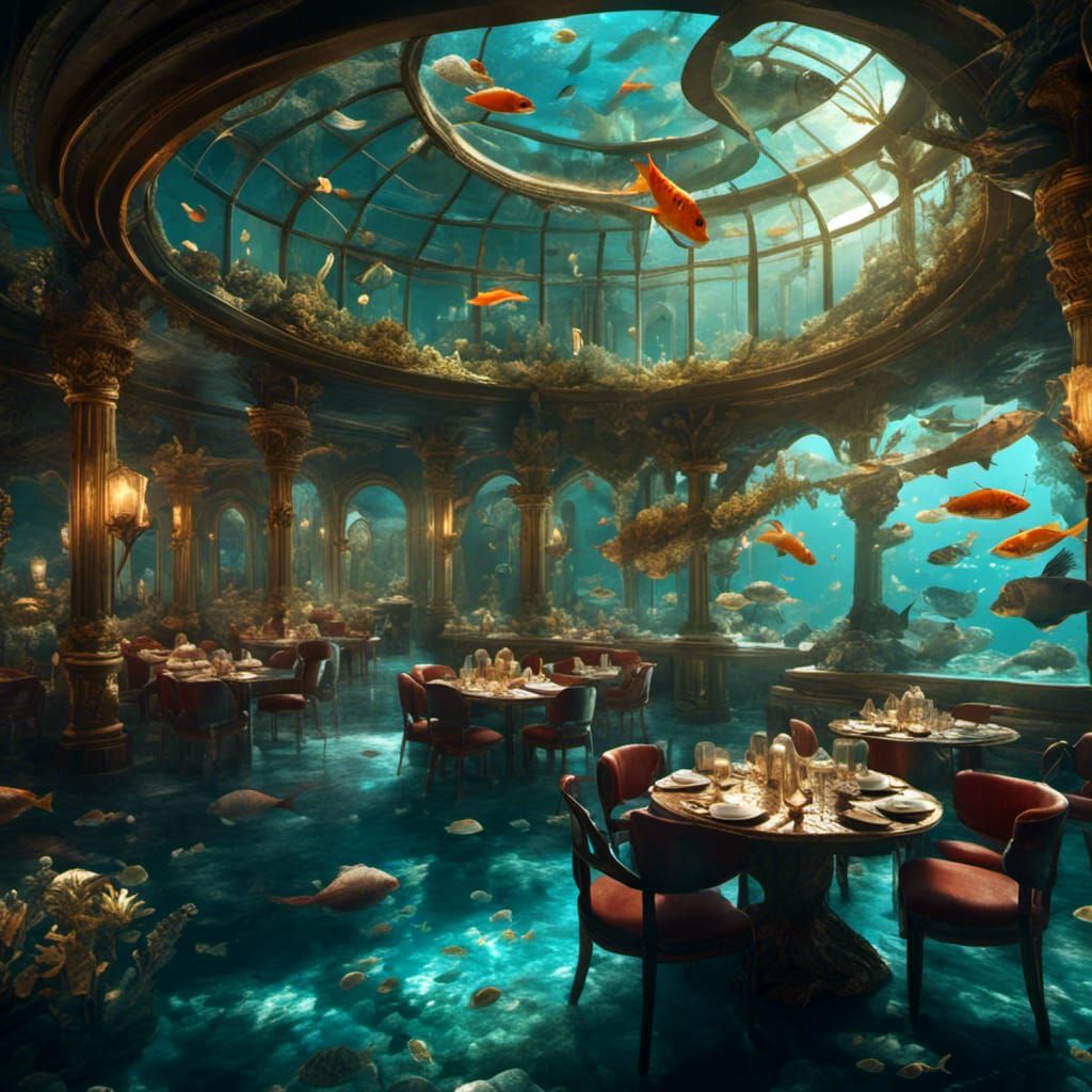 Woman Swimming in Dubai Restaurant Aquarium, Hyperreal Art
