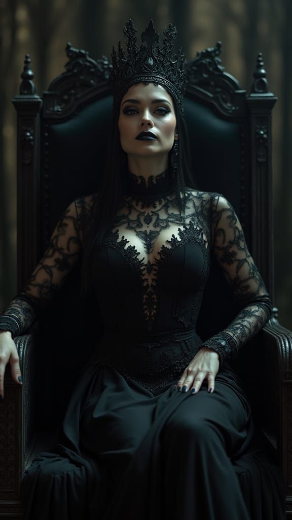 Mystical Dark Queen on Throne in Dramatic Lighting