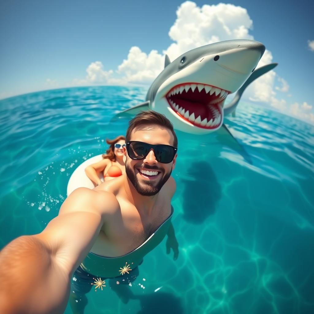 Cartoon Shark Photobombs Seaside Selfie
