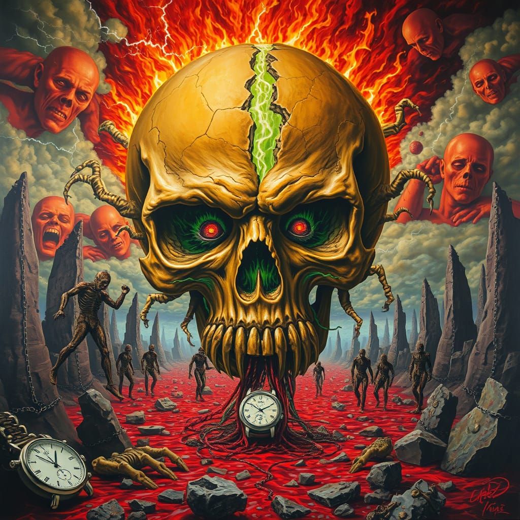Surreal Burning Skull Hellscape in Dark Biomechanical Style