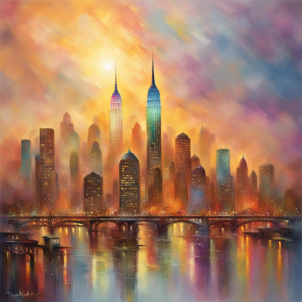 Manhattan Skyline in 1920s as Oil Painting